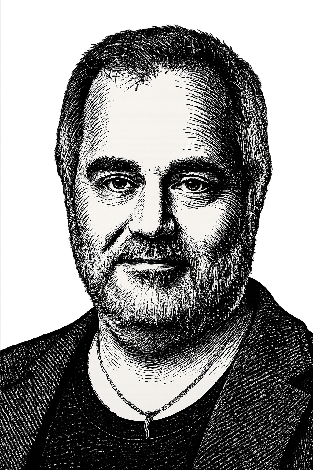 Woodcut-style portrait of Chuck D'Antonio